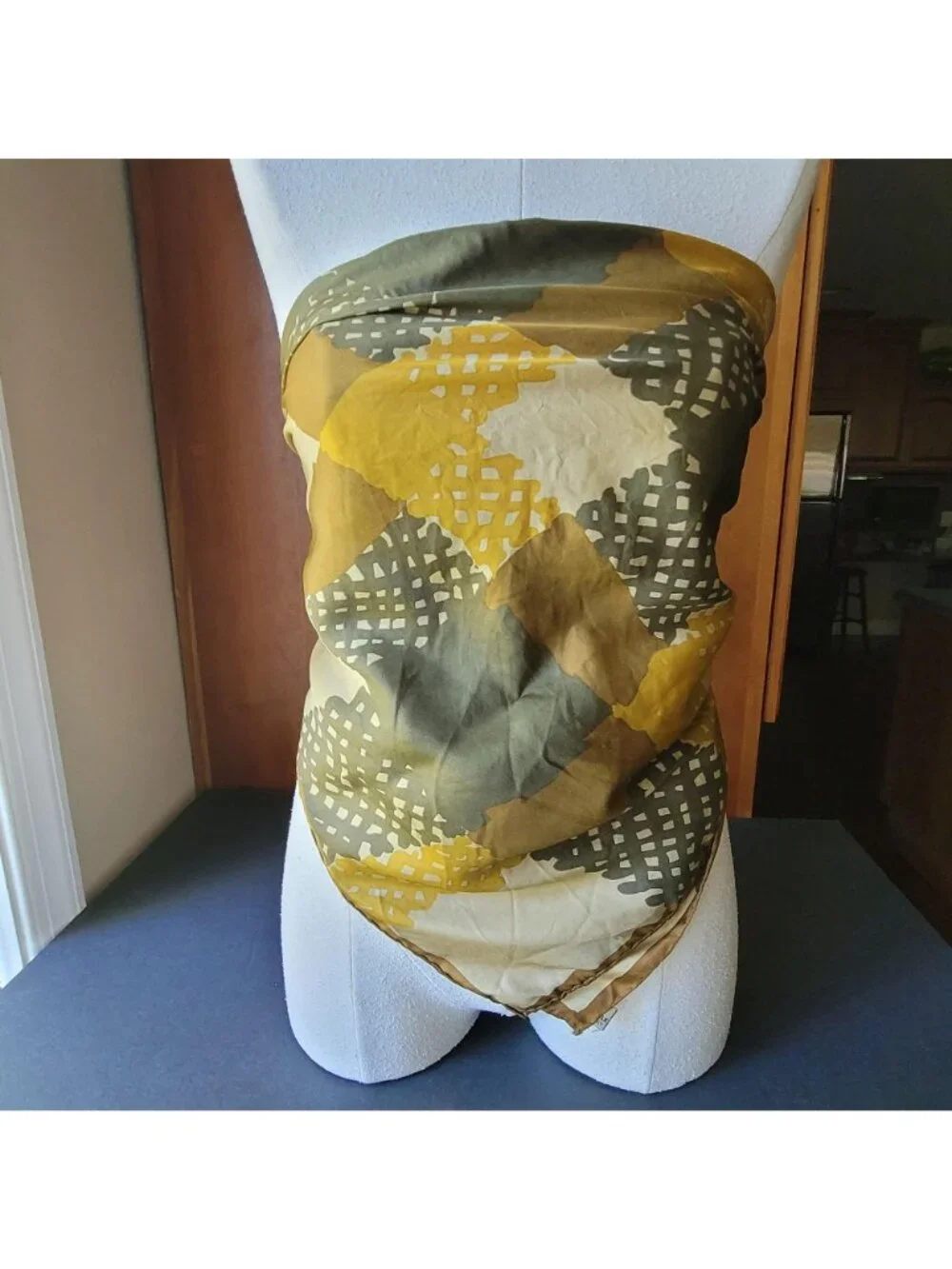 Vintage Echo Silk Scarf Square / Abstract Geometric Patchwork Pattern Neck Head